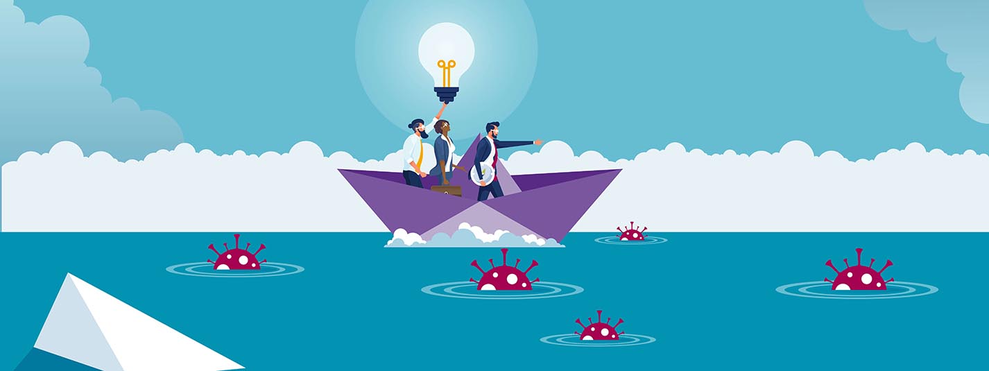 An illustration of three business professionals, one holding up an illuminated light bulb, in a boat on a sea of germs