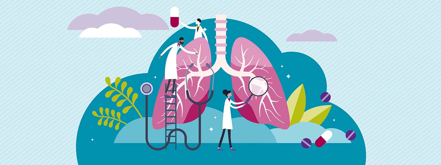 A colorful cartoon illustration of healthcare professionals checking lungs and bronchial tubes from the inside
