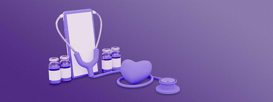 Purple images of a cell phone wearing a stethoscope flanked by medicine vials on either side with it's cord around a heart on a purple backdrop