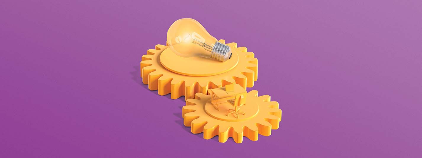 A yellow lightbulb resting on top of two yellow grinding gears against a purple backdrop