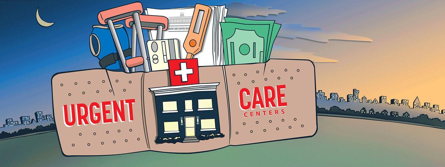 Urgent care animated graphic with different images of medically related items sticking out from a bandage like a gift basket