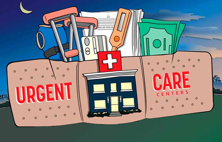 Urgent care animated graphic with different images of medically related items sticking out from a bandage like a gift basket