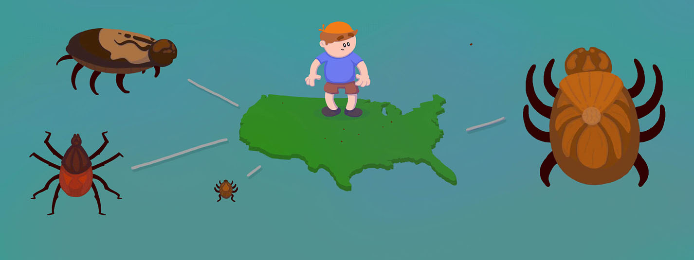 Gif of a worried boy standing on patch of land that grows into a shape of the USA with fleas and ticks shooting out of the grass
