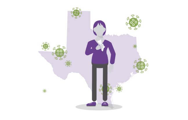 An animation of a woman sneezing, spreading flu germs from herself to two men, the state of Texas and the USA