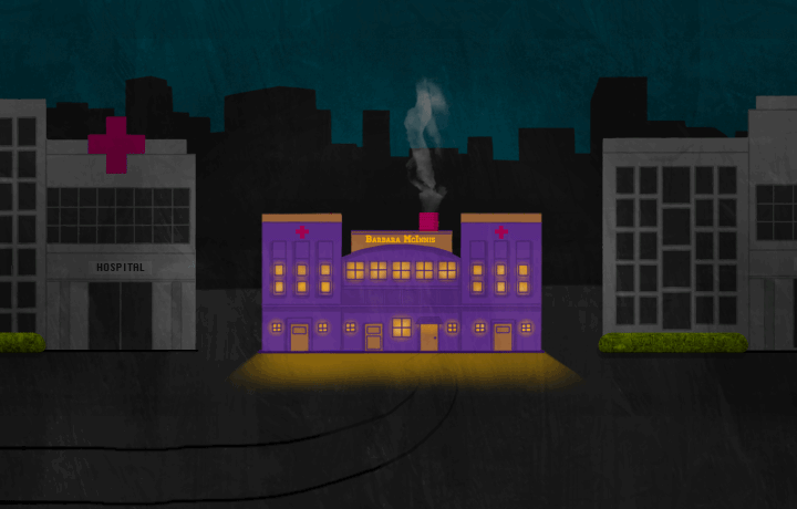 image of a brightly lit purple care facility amid gray office buildings. artwork by Molly Ferguson.