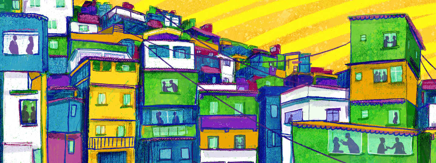 Image of a colorful neighborhood in Brazil with people receiving healthcare in their homes