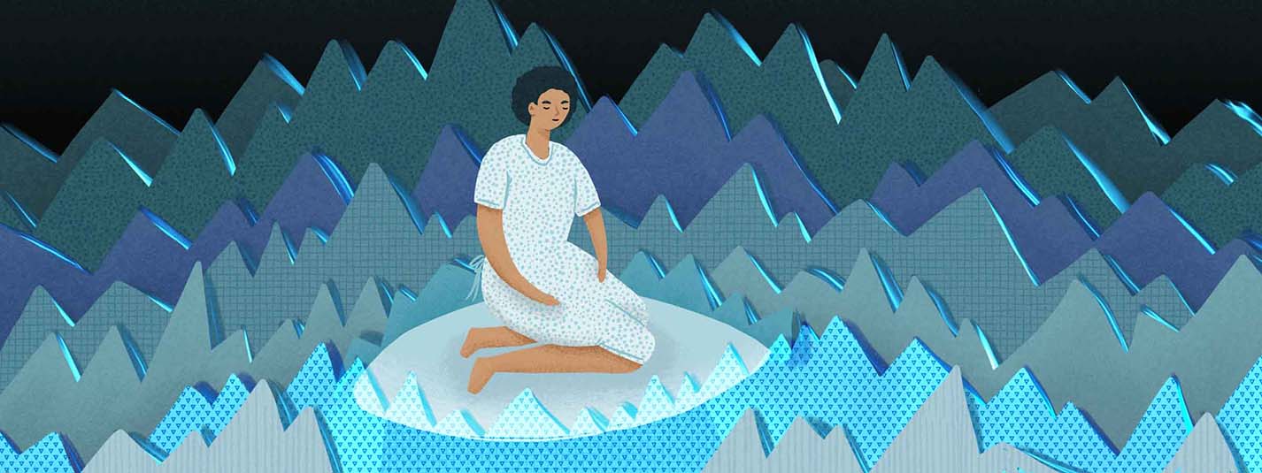 An animation of a woman sitting on her knees surrounded by blue rigid structures