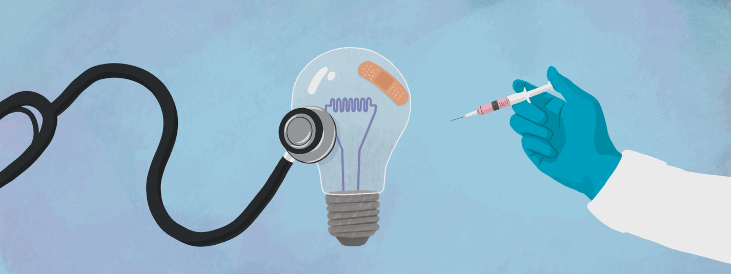 Animation of a lightbulb representing a patient flickering on and off being treated with a stethoscope and a needle for a shot