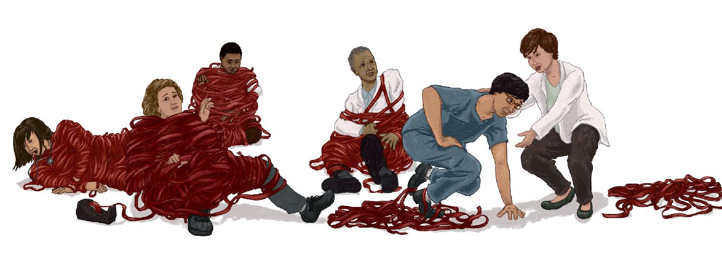 An illustration of medical professionals physically wrapped in red tape that they're struggling to free themselves from