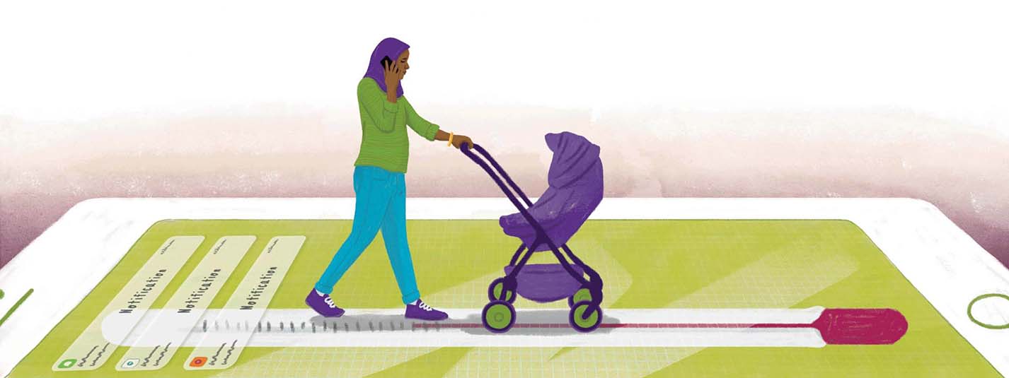 Animation of a woman pushing a baby in a stroller on a cellphone illustrated as the floor, while talking on her phone