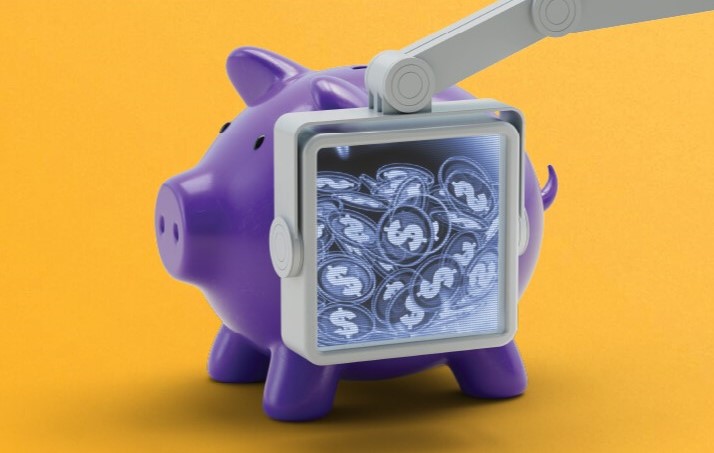 xray machine showing the coins inside a purle piggybank in yellow background