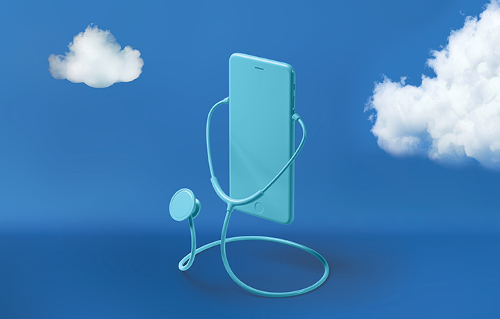 athenahealth stethoscope connecting doctors to patients by mobile set in blue skies