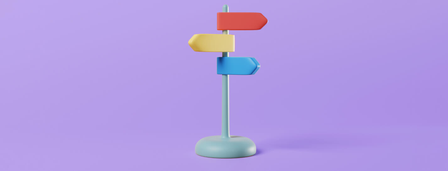 Red, Yellow, Blue Directional post pointing in different directions set in soft purple background