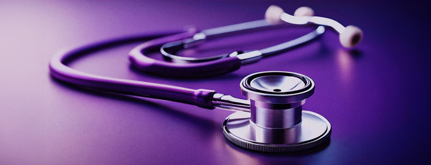 Healthcare tool, stethoscope, displayed in purple background