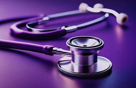 Healthcare tool, stethoscope, displayed in purple background