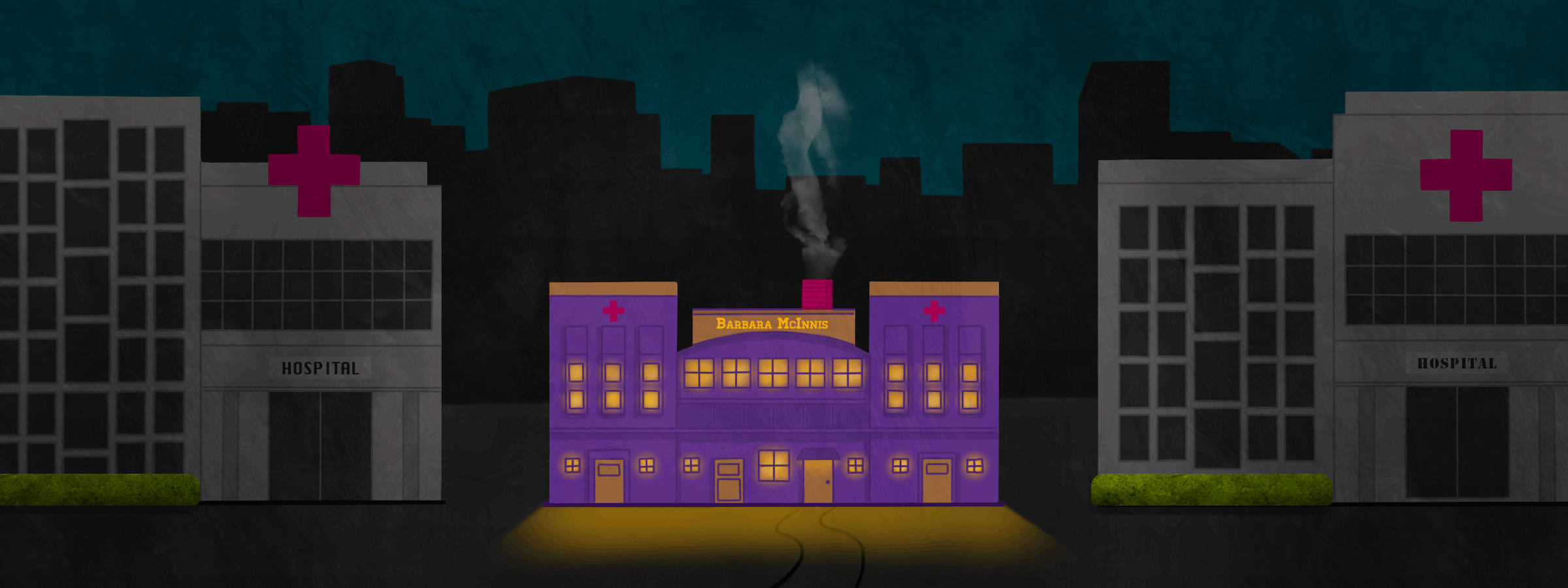 image of a brightly lit purple care facility amid gray office buildings. artwork by Molly Ferguson.