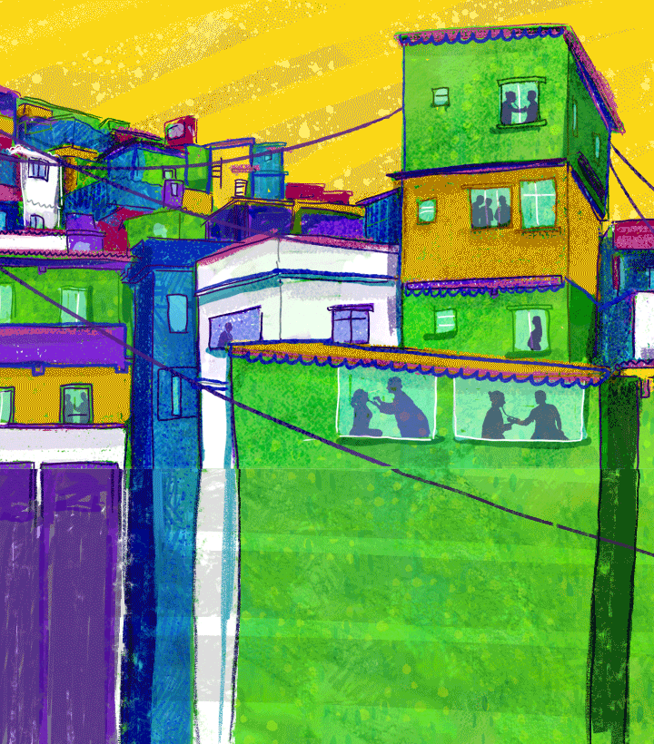 Image of a colorful neighborhood in Brazil with people receiving healthcare in their homes