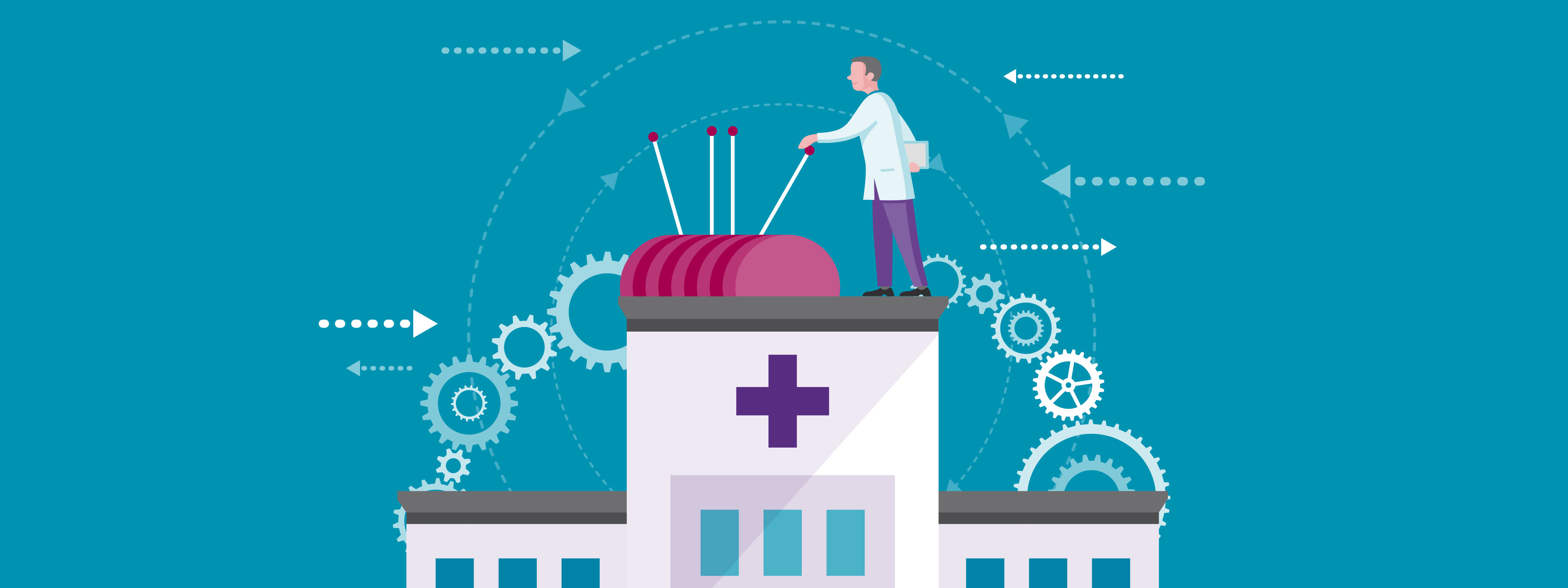 illustration of a doctor standing on top of a hospital pulling several large levers