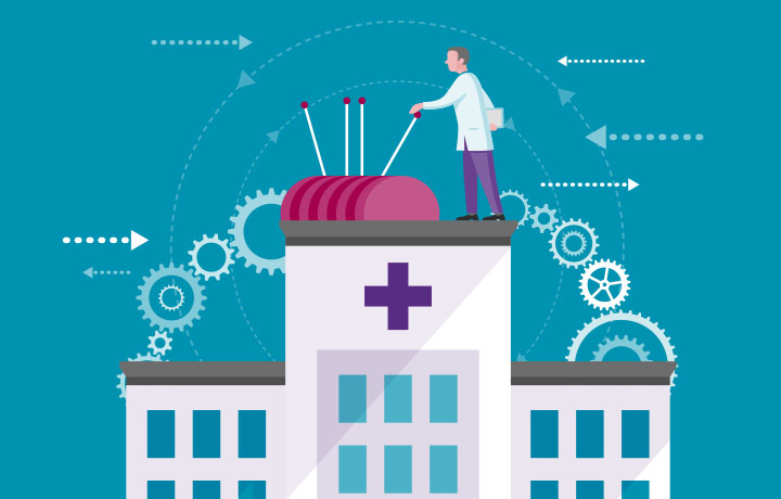 illustration of a doctor standing on top of a hospital pulling several large levers
