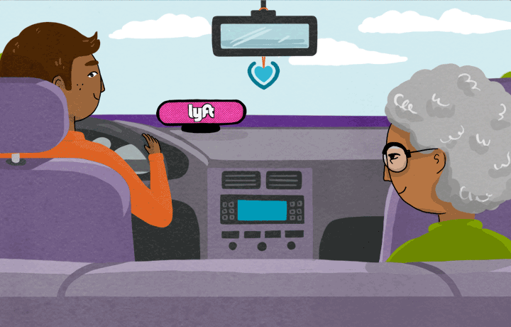 gif of a Lyft driver and elderly woman passenger smiling at one another in a car