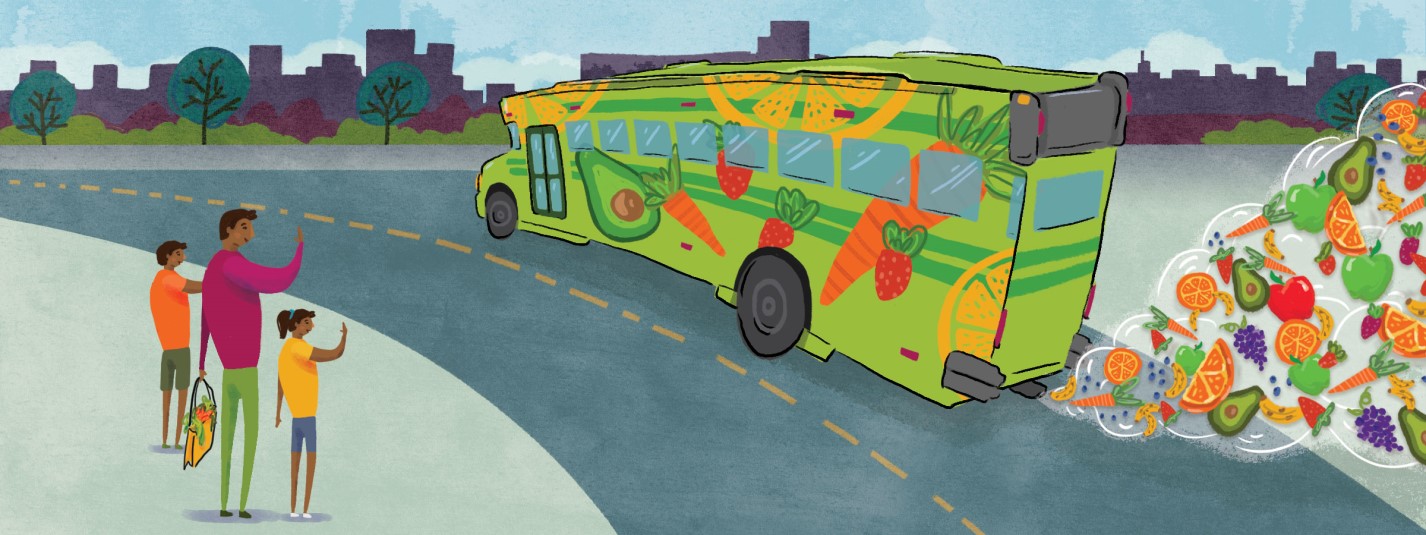 image of a colorful bus with produce 