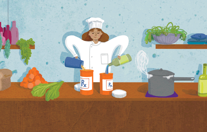 gif of a doctor-as-chef pouring" prescriptions as if she's cooking"