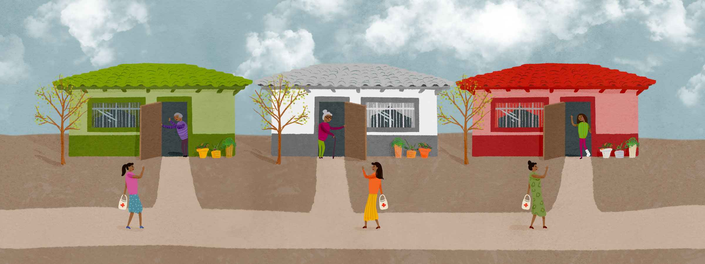 image of three small houses in a small town in Mexico with a lay health worker walking from one to another