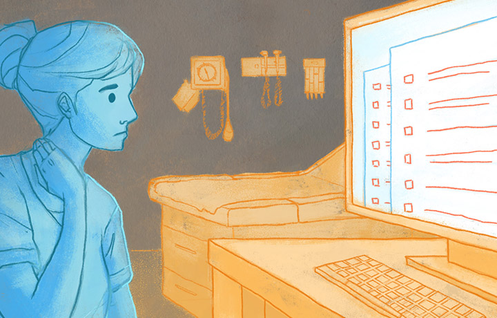 Image of a tired-looking nurse in front of a computer screen. Artwork by Tiffany Chan. 