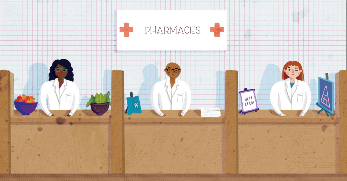 Image of three pharmacies dispensing three different types of care for patients