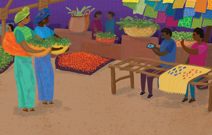 image of a Rwandan marketplace with some people holding cellphones with a healthcare app loaded