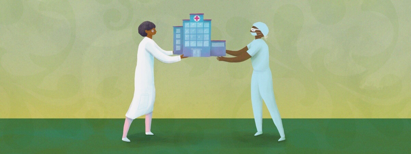 illustration of two providers holding a miniature hospital building