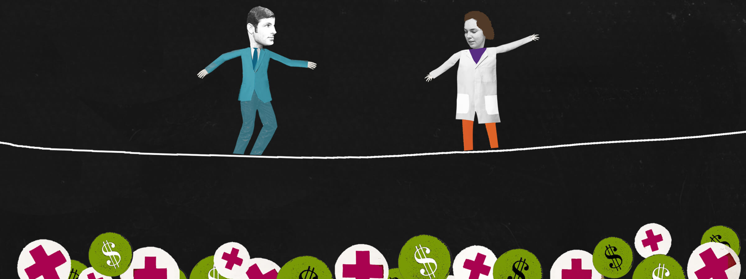 illustration of physician and payer on a tightrope