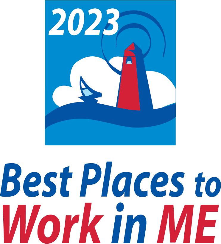 Blue, red, and white 2023 Best Places to Work in Maine logo with a lighthouse and boat in water
