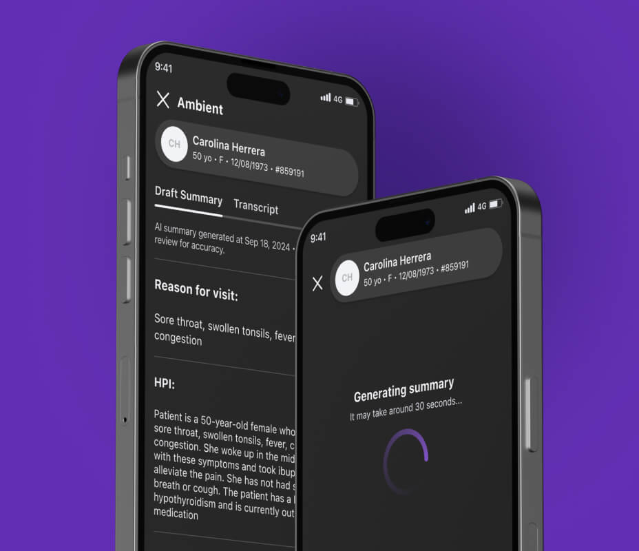 Two iphones displaying AI-Powered Ambient Notes, announced at athenahealth's annual customer event, thrive