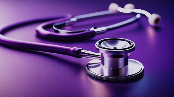 Healthcare tool, stethoscope, displayed in purple background