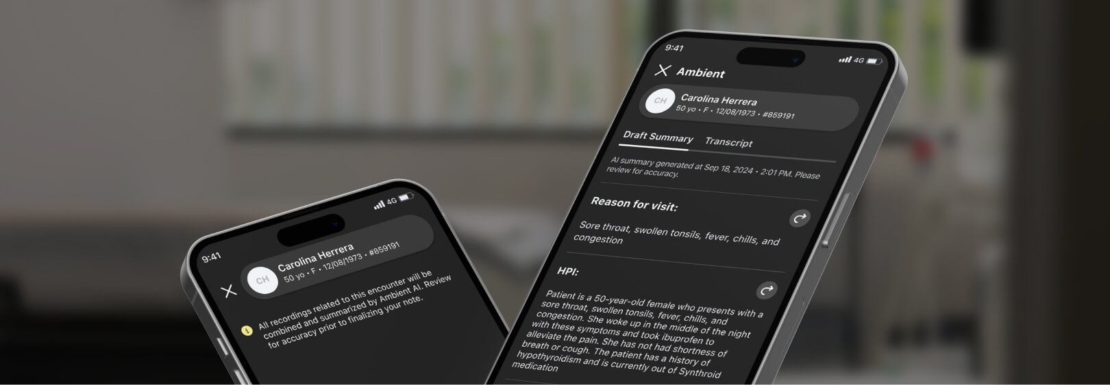 Two phones showing the ambient tools within AI-native athenaOne.