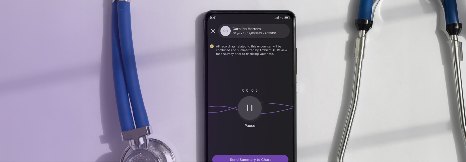 Smartphone displaying athenahealth's ambient notes, flanked by a stethoscope.