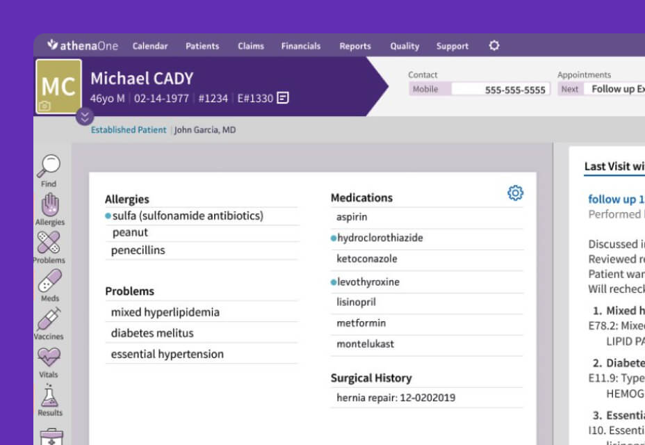 A screenshot of a patient's chart highlighting allergies, medicines, and other medical concerns to assist clinicians in making more educated decisions.