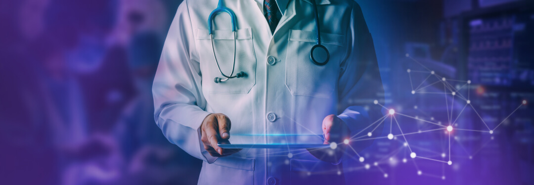 A physician holding a tablet loaded with AI healthcare technology.