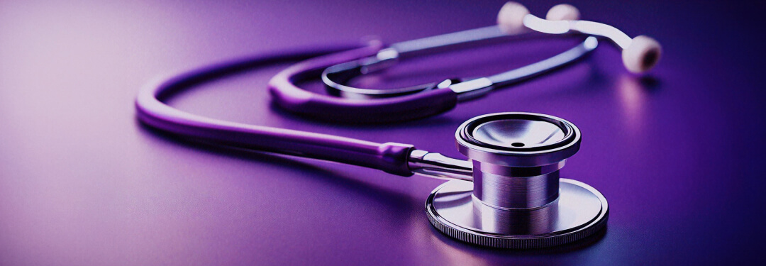 Healthcare tool, stethoscope, displayed in purple background