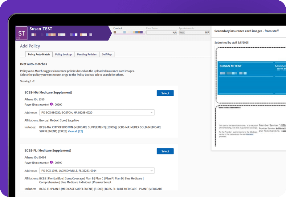 athenaOne's product screen showing how insurance claims are automated