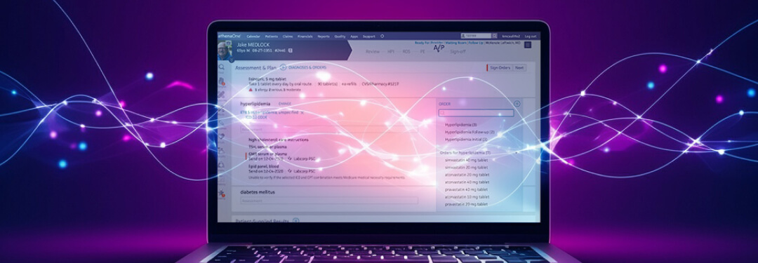 A laptop displays a patient's medical information on a purple background, with lights flickering to indicate data exchange within the EHR.