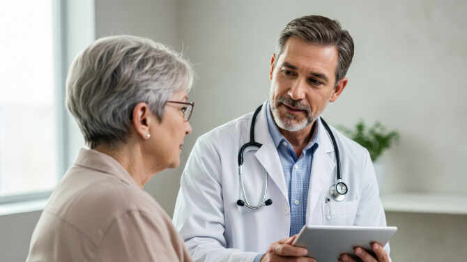 Doctor discussing endocrinology software benefits for diabetes care with a patient.