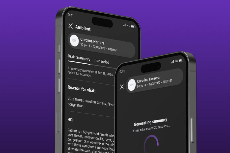 Two iphones showing athenahealth's Ambient Notes in action