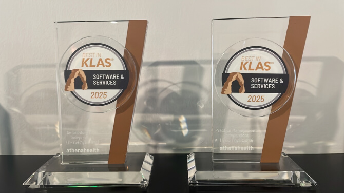 Two awards honoring athenahealth from 2024 and 2025 Recognized from KLAS Research.