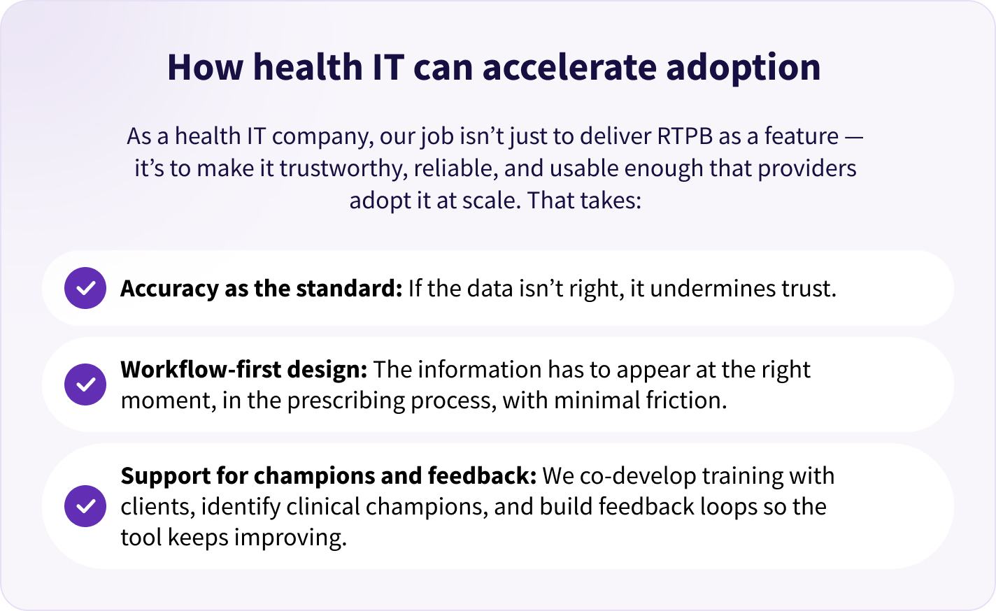 Infographic depicting how health IT facilitates the adoption of real-time prescription benefits for better health outcomes.